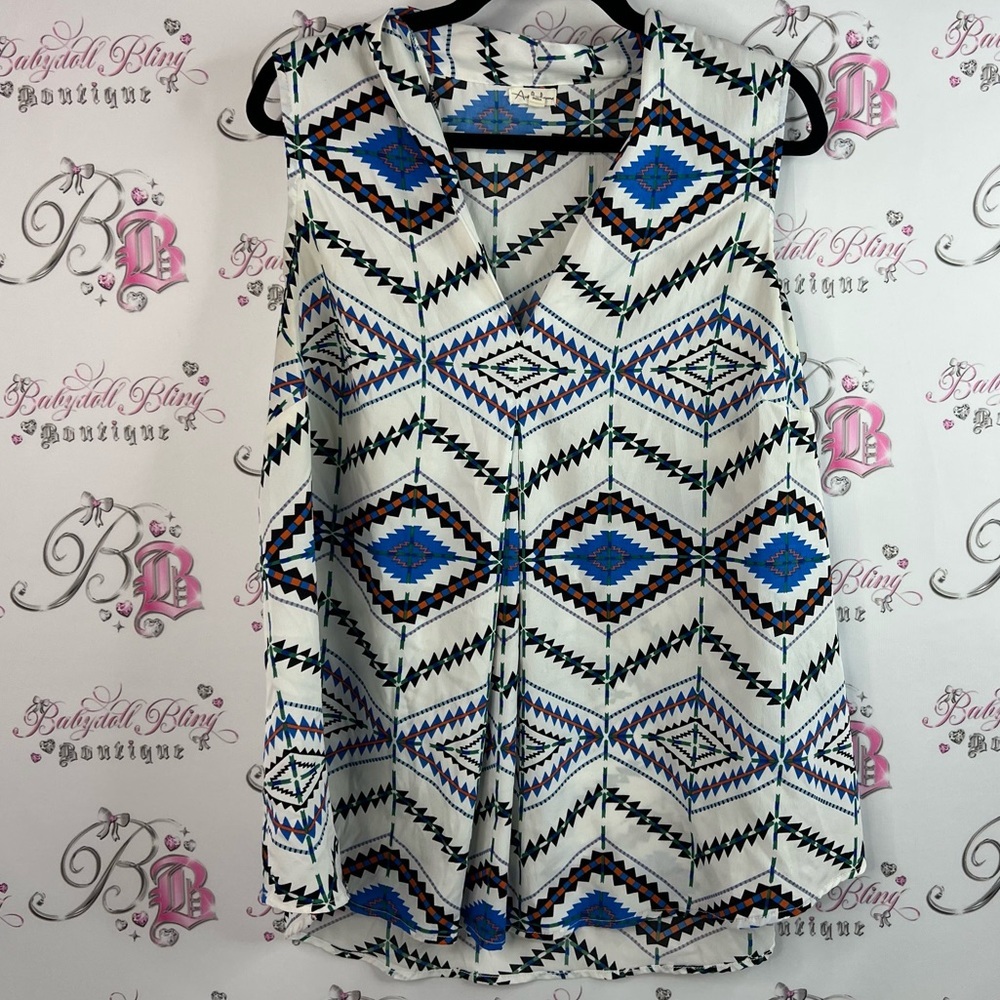 Antilia Femme tank top Aztec boho western Blue and Black Geometric Blouse